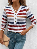 Contrast Striped V-Neck Long Sleeve T-Shirt - Trendsi