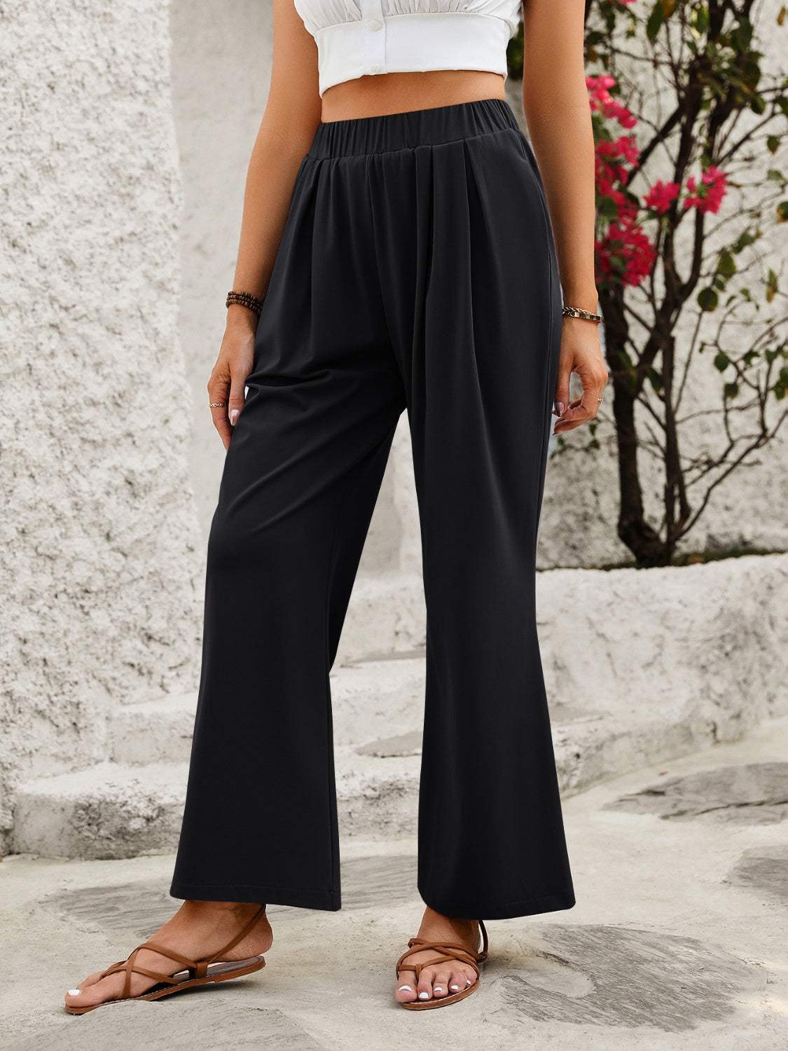 Elastic Waist Wide Leg Pants - Trendsi - Flyclothing LLC