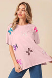 BiBi Sequin Bow Patch Short Sleeve T-Shirt - Trendsi - Flyclothing LLC