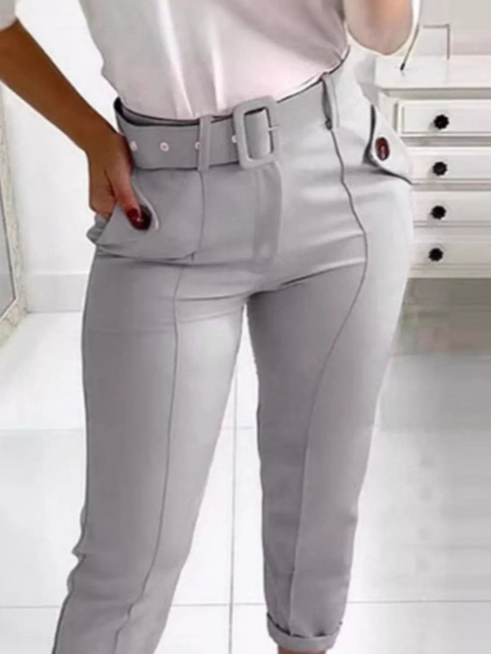 High Waist Belted Slim Fit Ankle Pants - Trendsi - Flyclothing LLC