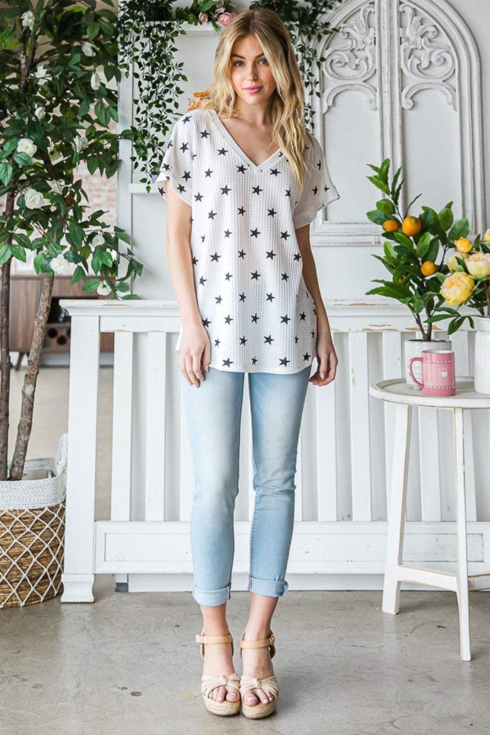 Heimish Full Size Star Print Short Sleeve V-Neck Waffle Knit T-Shirt - Trendsi - Flyclothing LLC