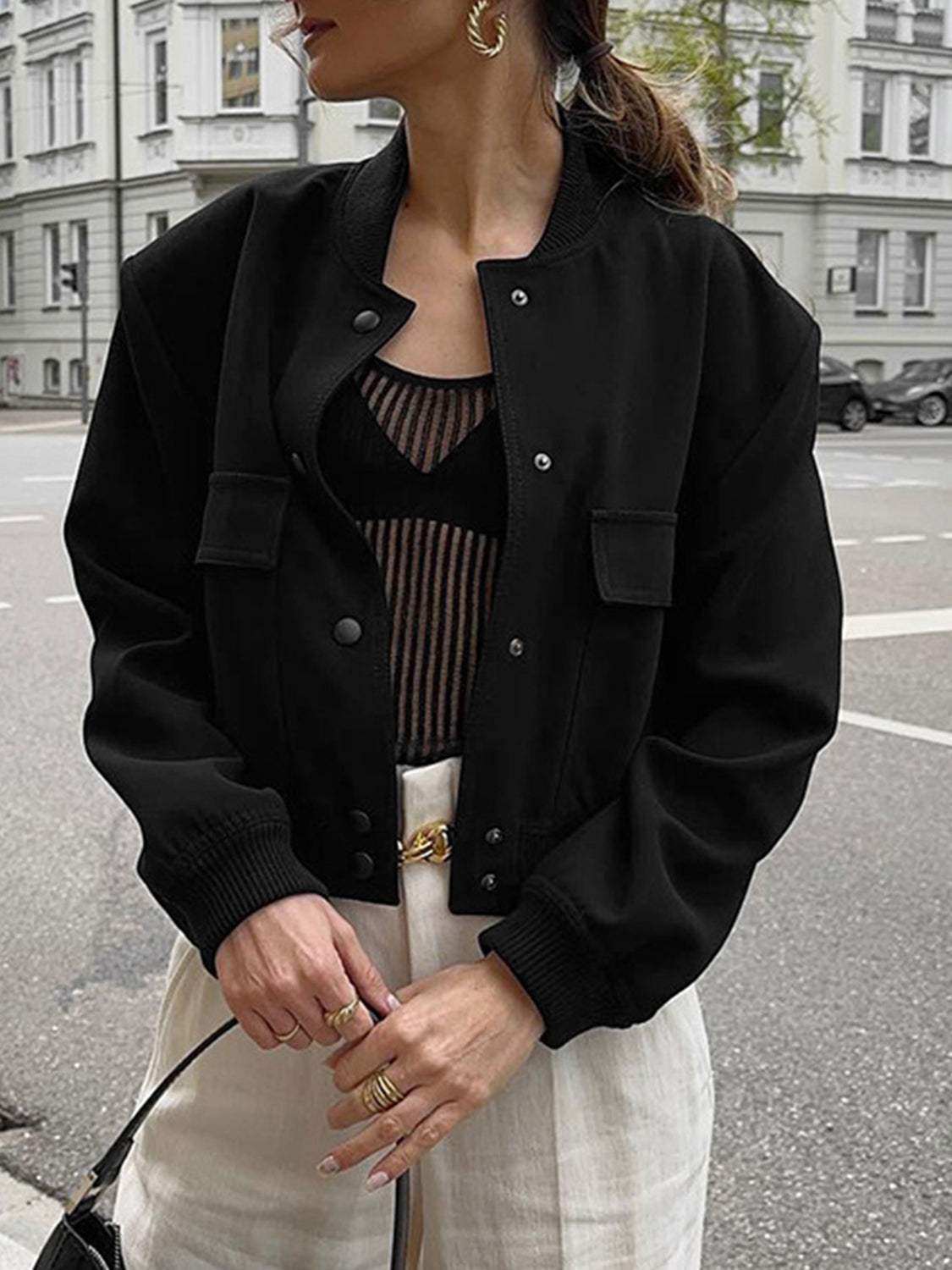 Pocketed Snap Down Baseball Collar Jacket - Trendsi - Flyclothing LLC