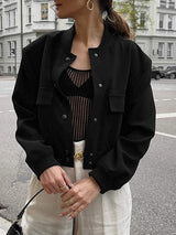 Pocketed Snap Down Baseball Collar Jacket - Trendsi - Flyclothing LLC