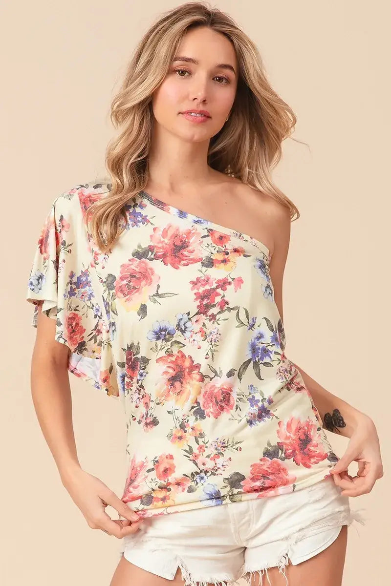 BiBi Floral Printed Jersey Knit Ruffle Sleeve Top - Trendsi - Flyclothing LLC