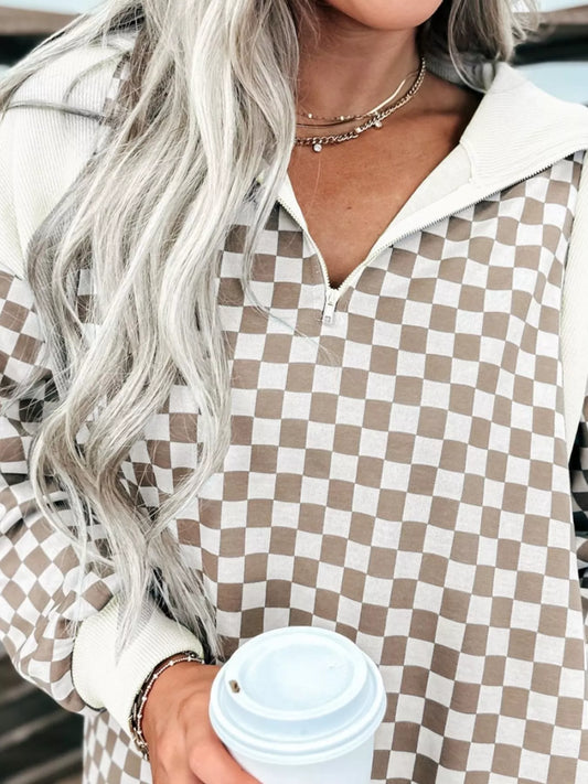 Checkered Quarter Zip Sweatshirt - Trendsi - Flyclothing LLC