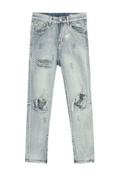 Pocketed Distressed Jeans with Side Zip - Trendsi - Flyclothing LLC