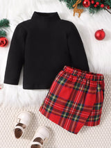 Children's Ribbed Knit Top & Plaid Skirt Set - Trendsi - Flyclothing LLC