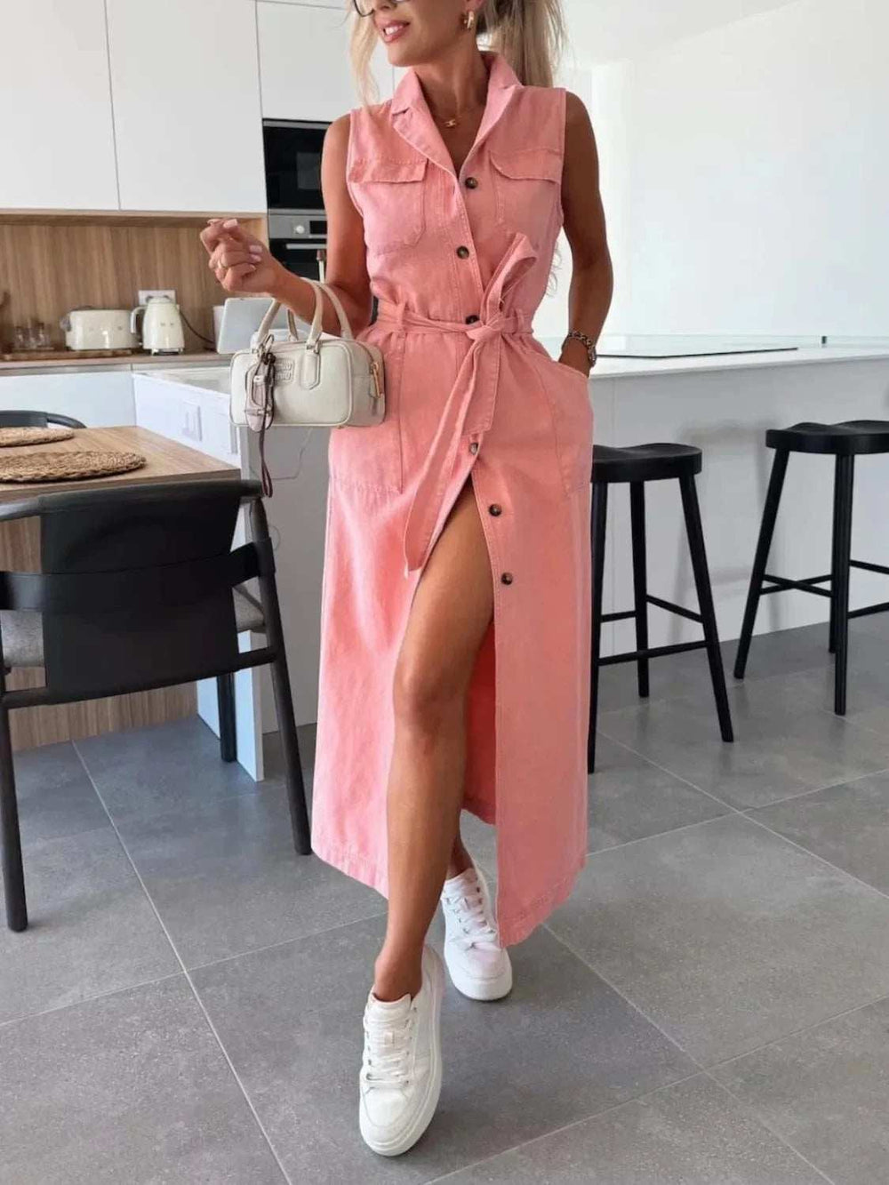 Button Front Sleeveless Denim Dress - Trendsi - Flyclothing LLC