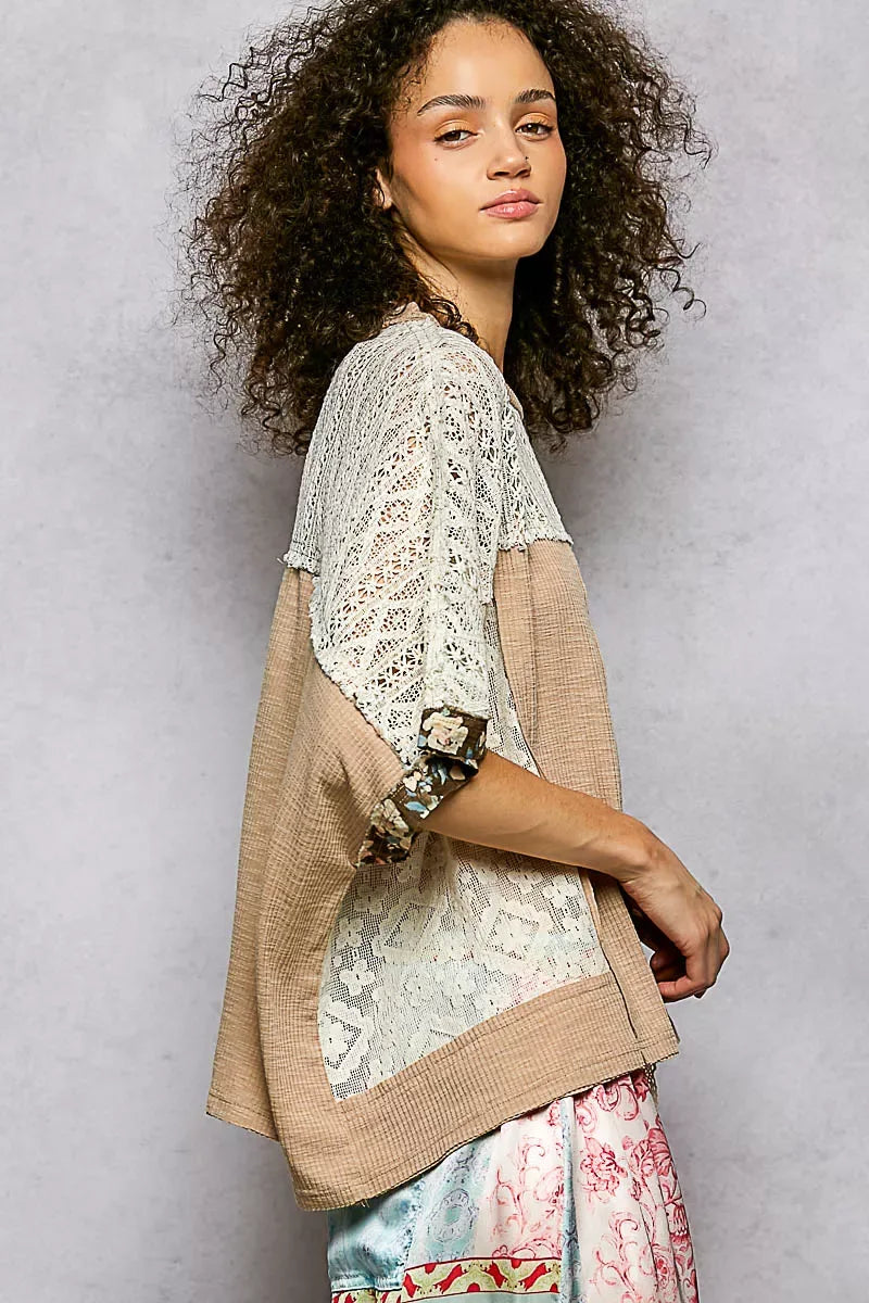 POL Floral Patchwork Lace Accent Blouse - Trendsi - Flyclothing LLC