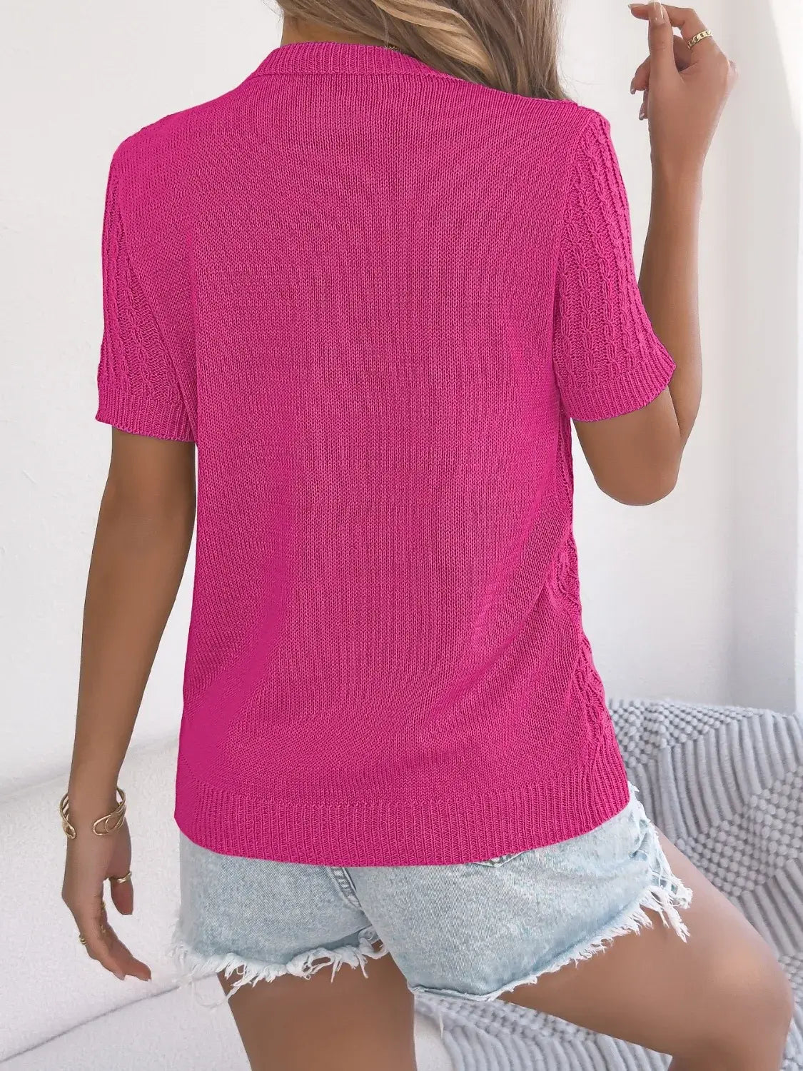 Cable Knit Button Down Short Sleeve Cardigan - Trendsi - Flyclothing LLC