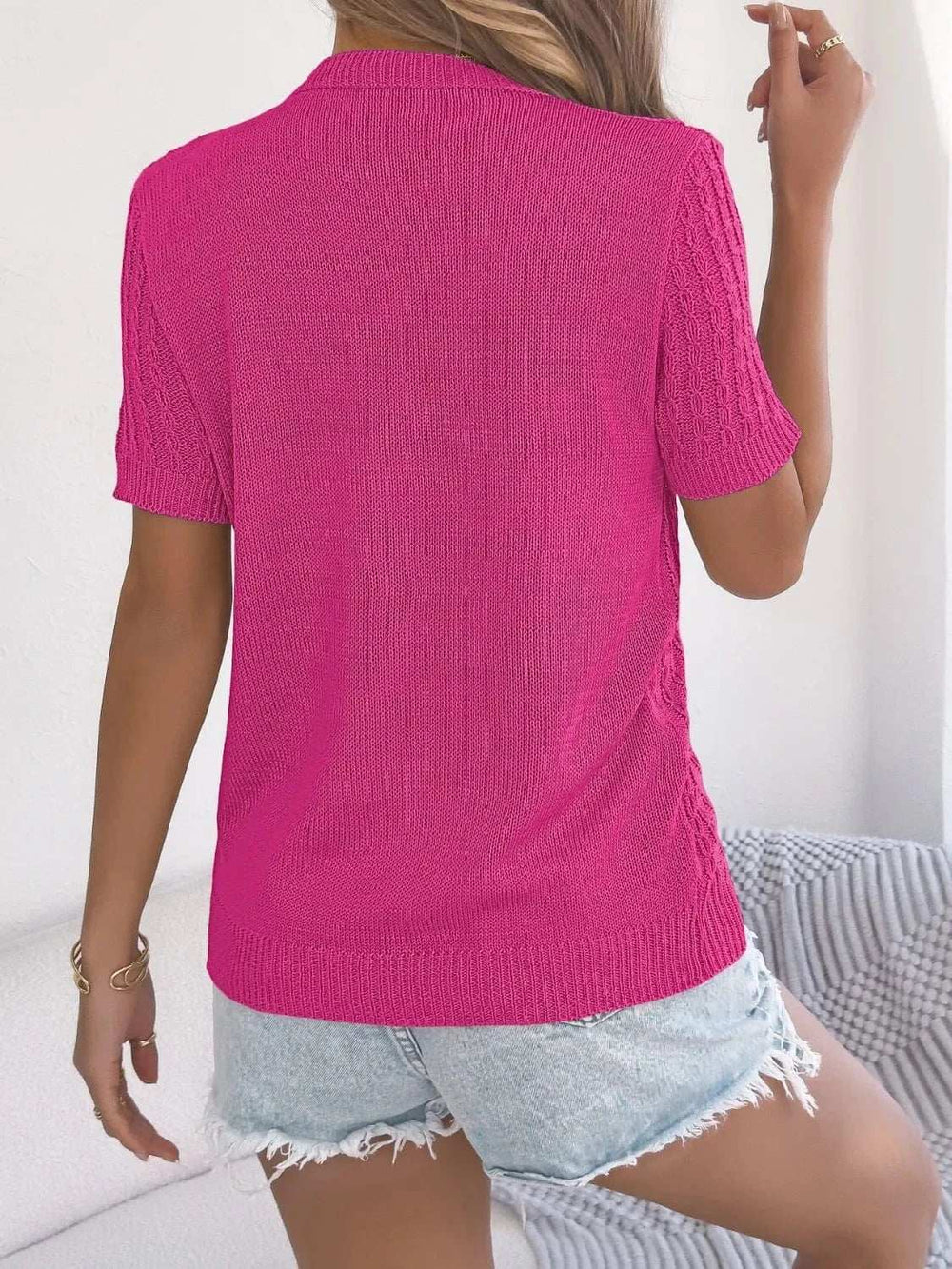 Cable Knit Button Down Short Sleeve Cardigan - Trendsi - Flyclothing LLC