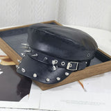 Punk Chain Rivet PU Newsboy Hat, Cool And Bold Girl Style Navy Hat, Halloween Dark-themed Outfit Hat