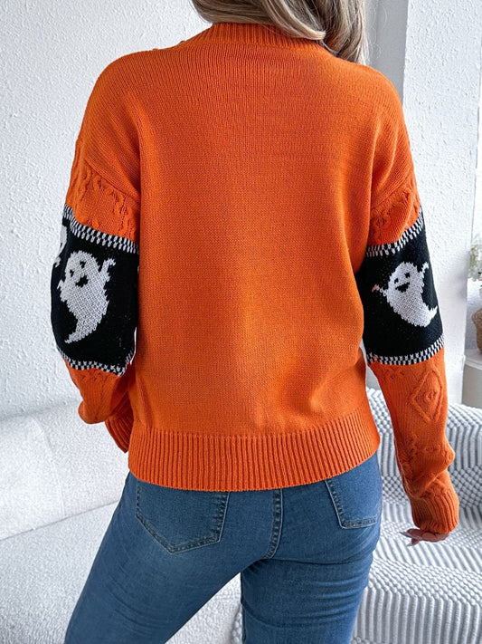 Ghost Round Neck Long Sleeve Sweater - Trendsi