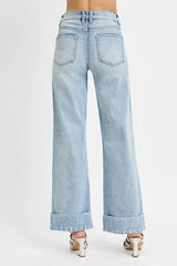 RISEN Full Size Tummy Control High Rise Ankle Wide Cuffed Jeans Plus Size - Trendsi - Flyclothing LLC