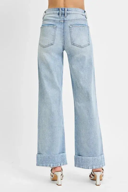 RISEN Full Size Tummy Control High Rise Ankle Wide Cuffed Jeans Plus Size - Trendsi - Flyclothing LLC