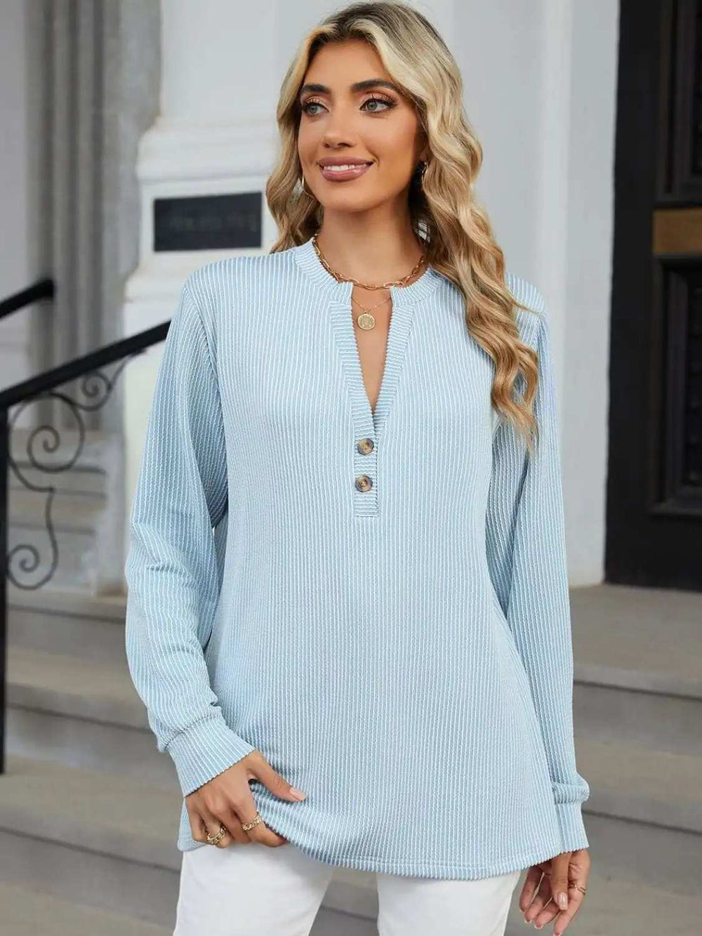 Striped Notched Long Sleeve T-Shirt - Trendsi - Flyclothing LLC