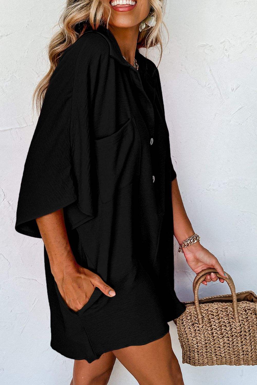 Half Button Collared Neck Romper - Trendsi - Flyclothing LLC