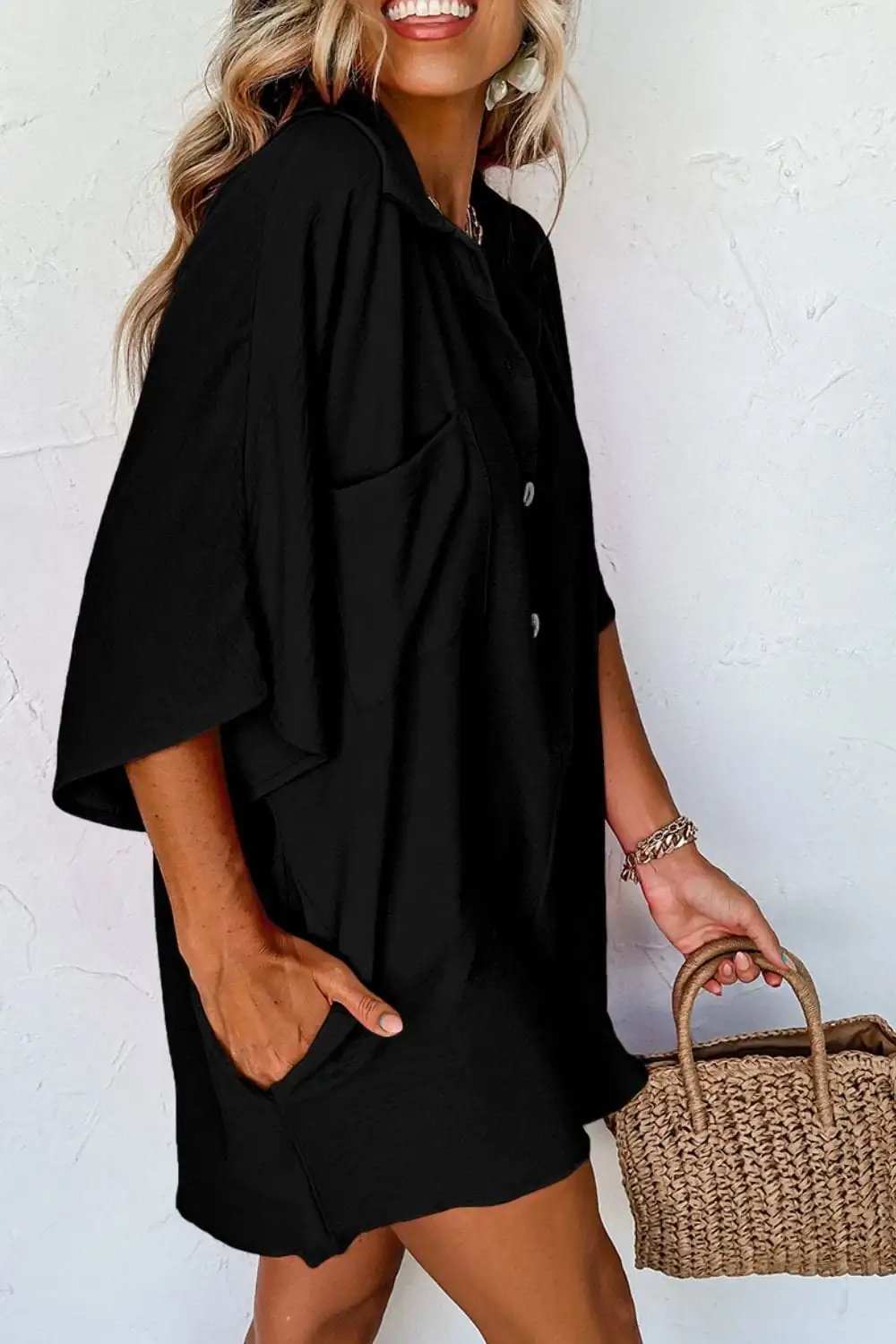 Half Button Collared Neck Romper - Trendsi - Flyclothing LLC