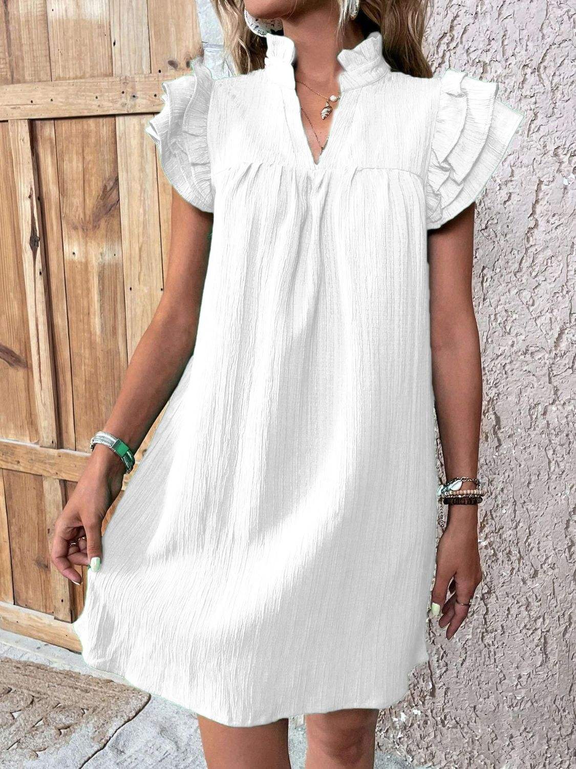 Ruffled Notched Cap Sleeve Mini Dress - Trendsi - Flyclothing LLC