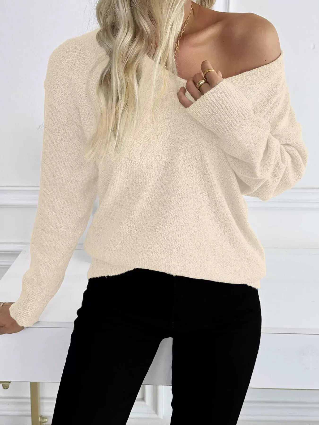 Casual V-Neck Drop Shoulder Sweater - Trendsi - Flyclothing LLC