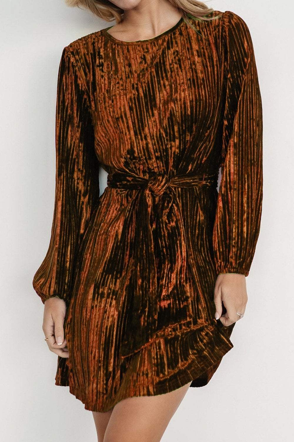 Velvet Round Neck Tie Waist Long Sleeve Mini Dress - Trendsi - Flyclothing LLC
