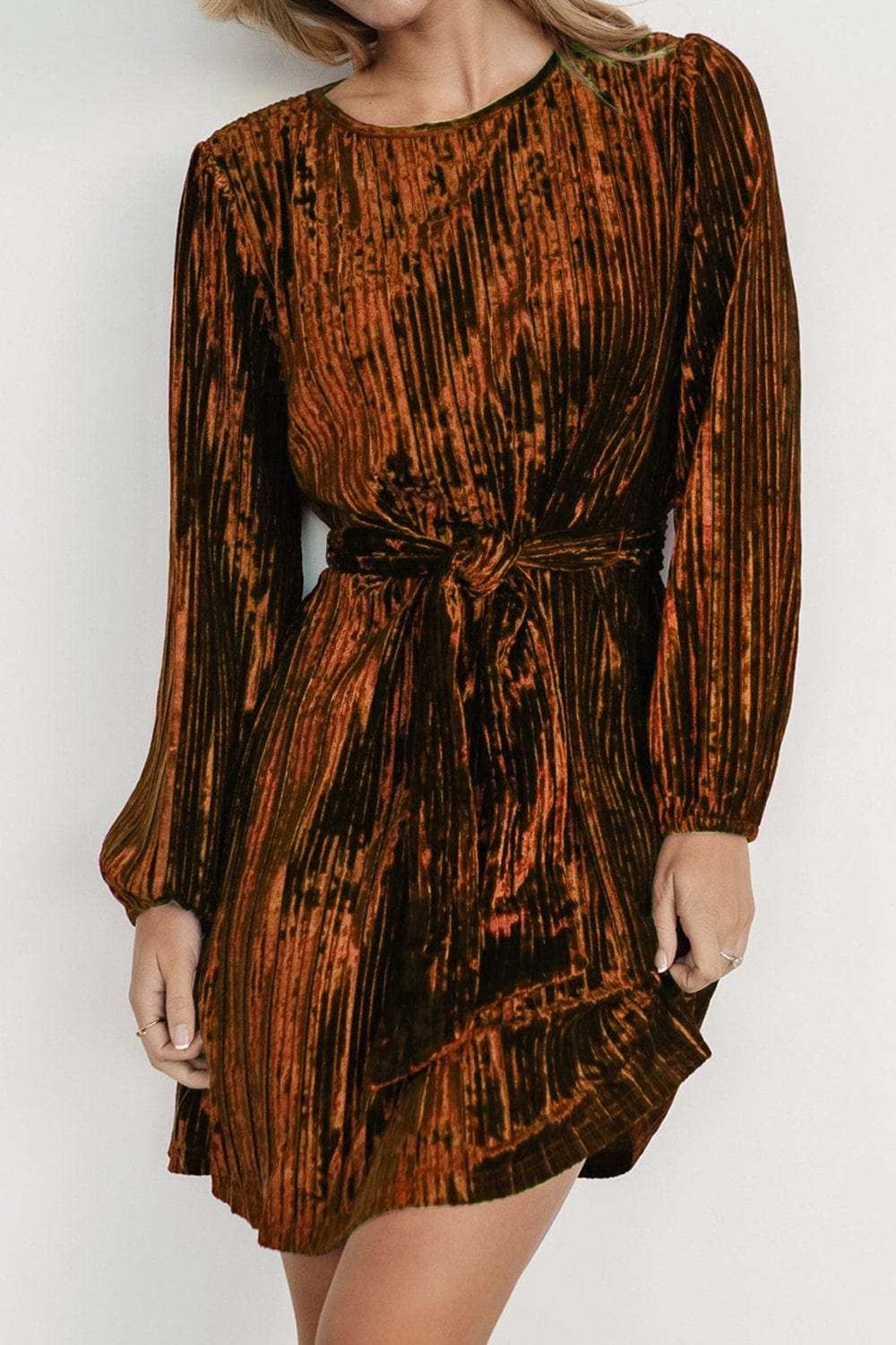 Velvet Round Neck Tie Waist Long Sleeve Mini Dress - Trendsi - Flyclothing LLC