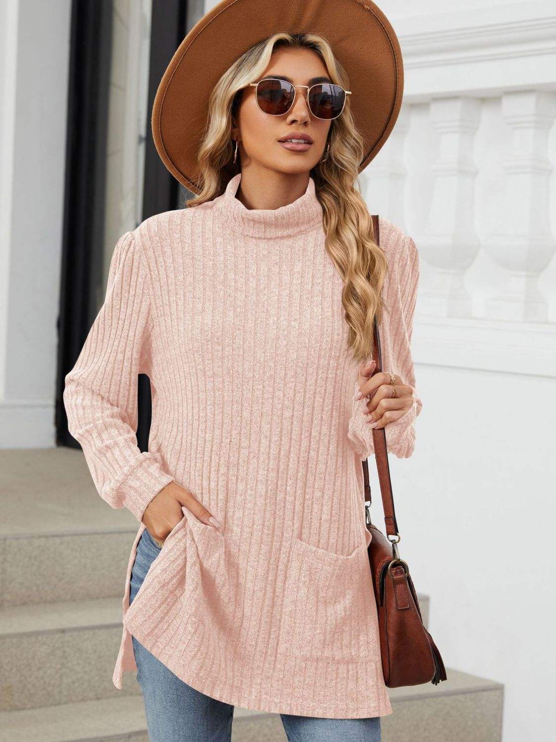 Slit Mock Neck Long Sleeve T-Shirt - Trendsi - Flyclothing LLC