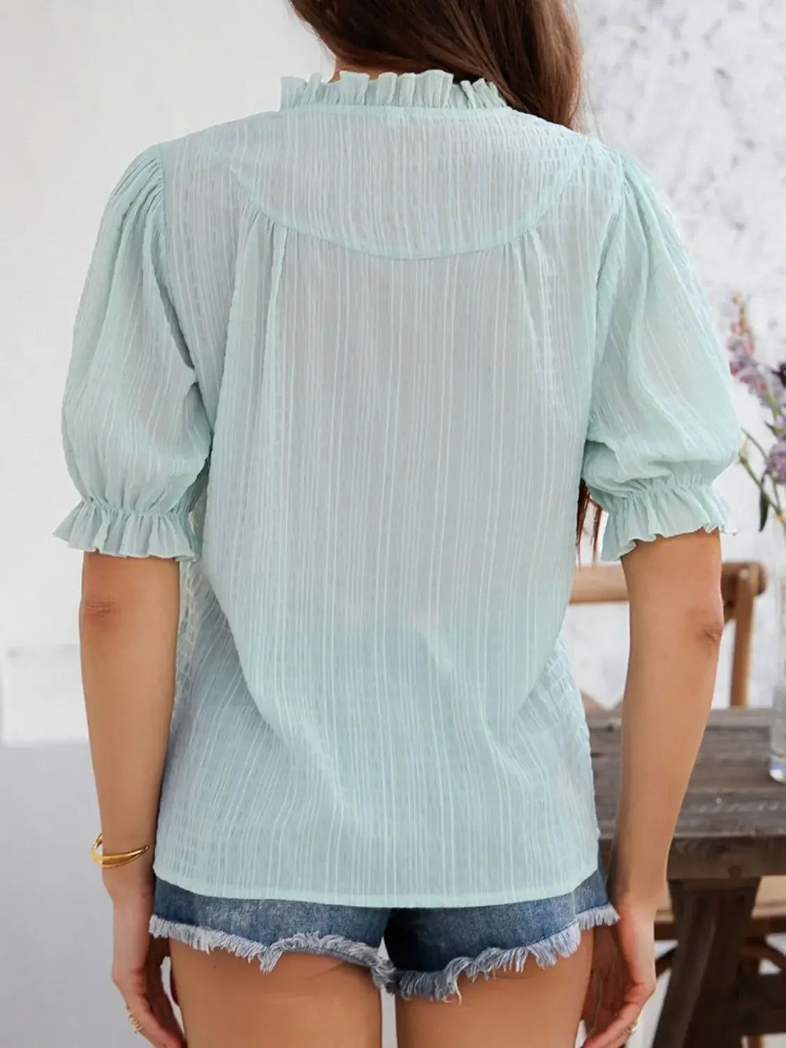 Devine Frill Notched Short Sleeve Blouse - Trendsi - Flyclothing LLC