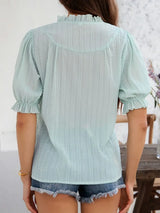 Devine Frill Notched Short Sleeve Blouse - Trendsi - Flyclothing LLC