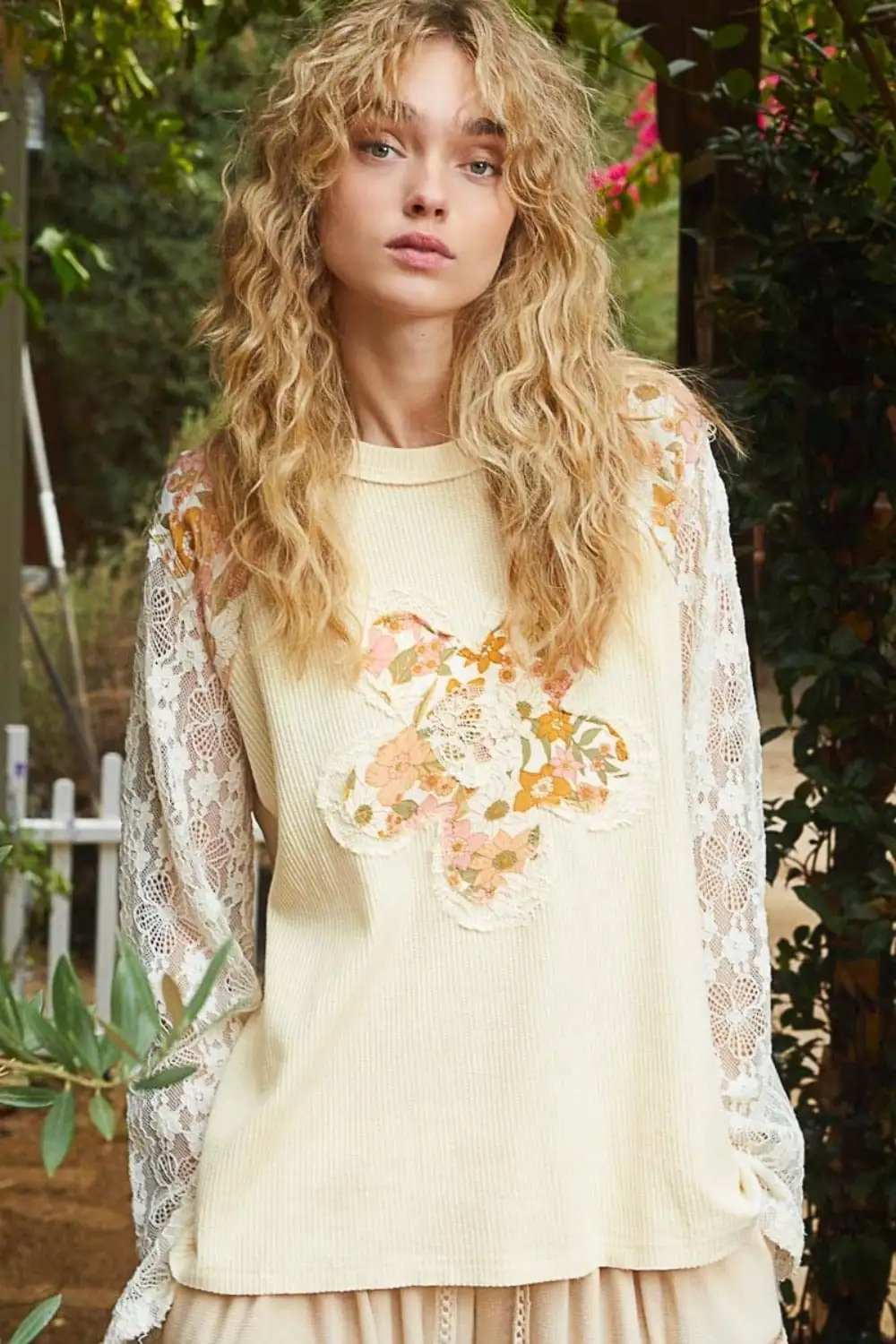 POL Flower Patch Lace Sleeve Knit Top - Trendsi - Flyclothing LLC