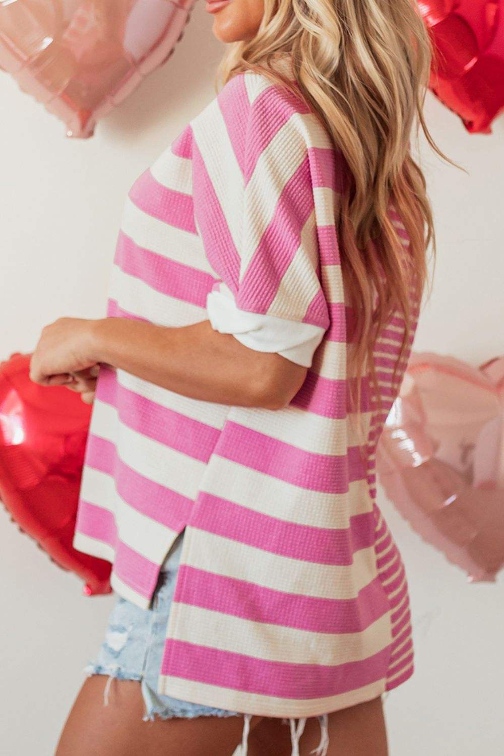 High-Low Striped Round Neck Short Sleeve T-Shirt - Trendsi - Flyclothing LLC