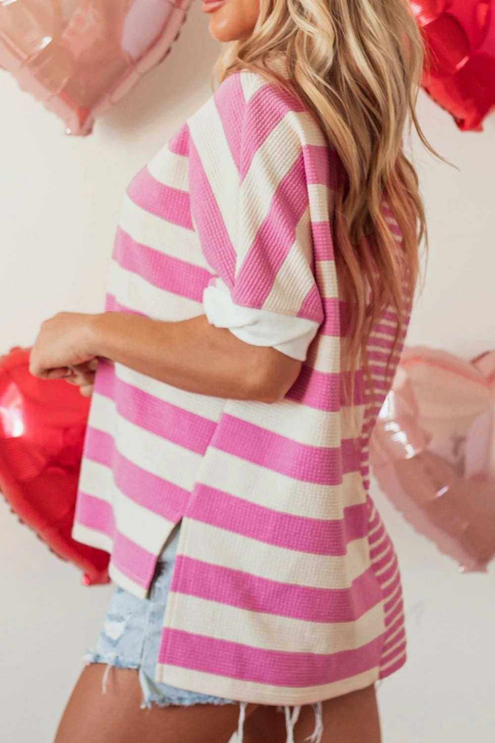 High-Low Striped Round Neck Short Sleeve T-Shirt - Trendsi - Flyclothing LLC