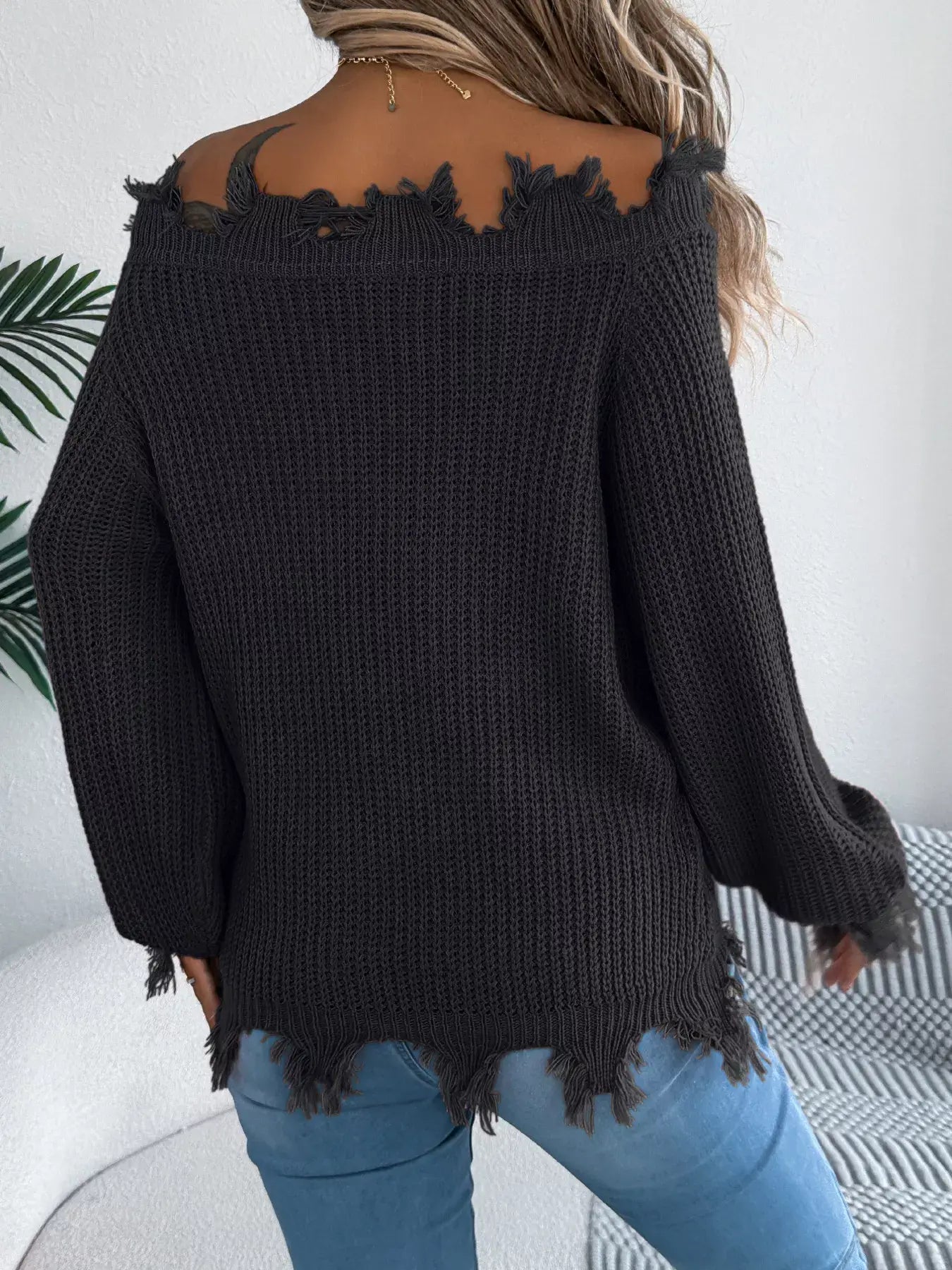 Distressed Hem Openwork Off-Shoulder Sweater - Trendsi - Flyclothing LLC