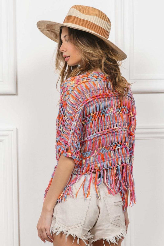 BiBi Open Front Fringed Crop Knit Cardigan - Trendsi - Flyclothing LLC