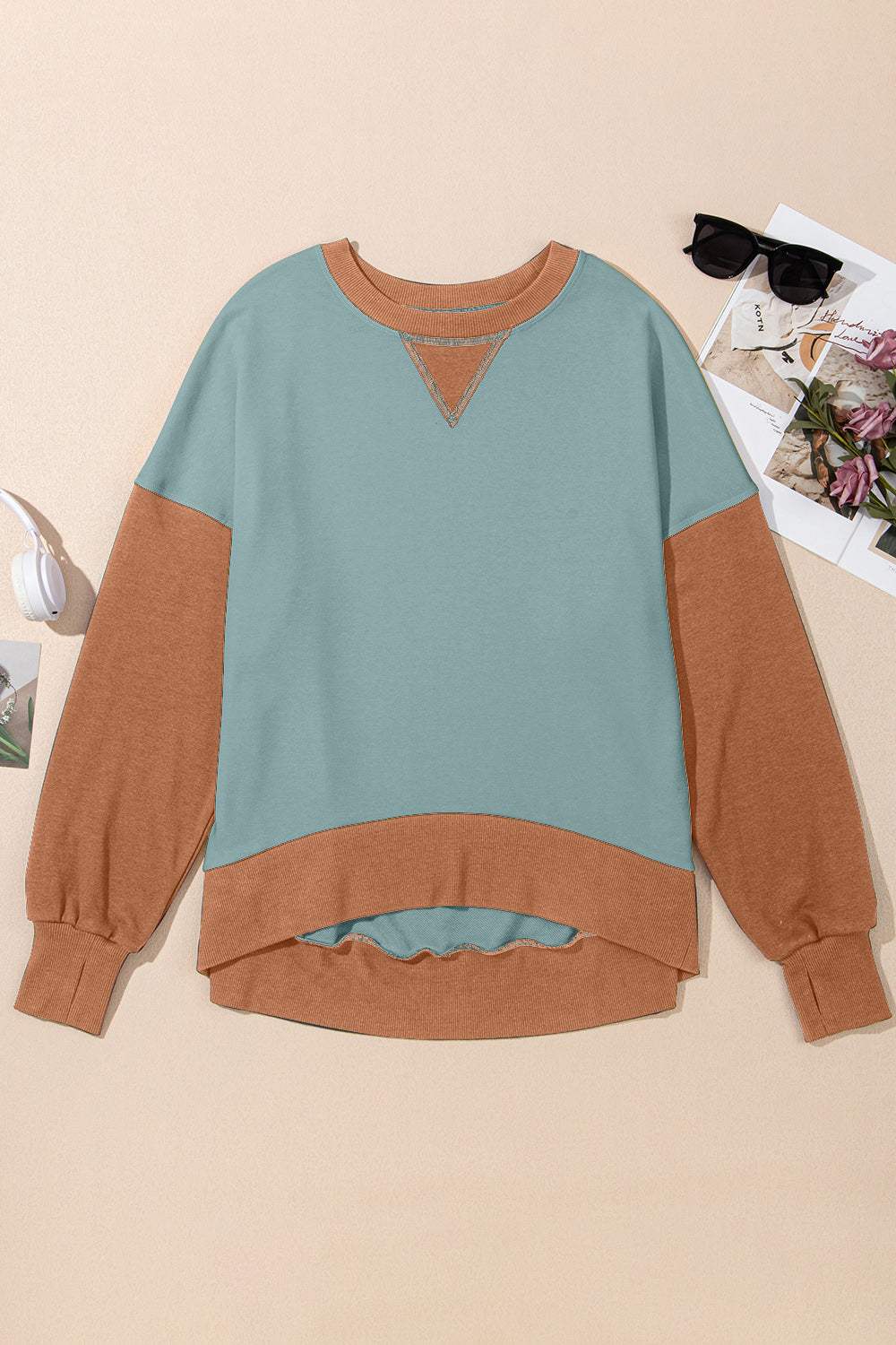 Contrast Round Neck Long Sleeve Sweatshirt - Trendsi - Flyclothing LLC