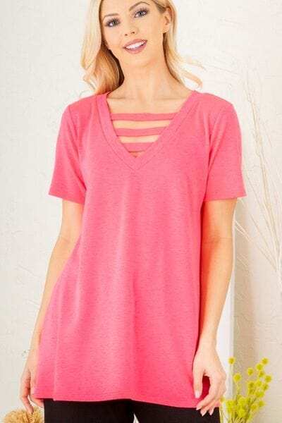 Heimish Full Size V-Neck Short Sleeve T-Shirt with Bar Detail Plus Size - Trendsi - Flyclothing LLC