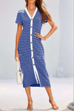 Contrast Striped V-Neck Short Sleeve Midi Dress - Trendsi - Flyclothing LLC