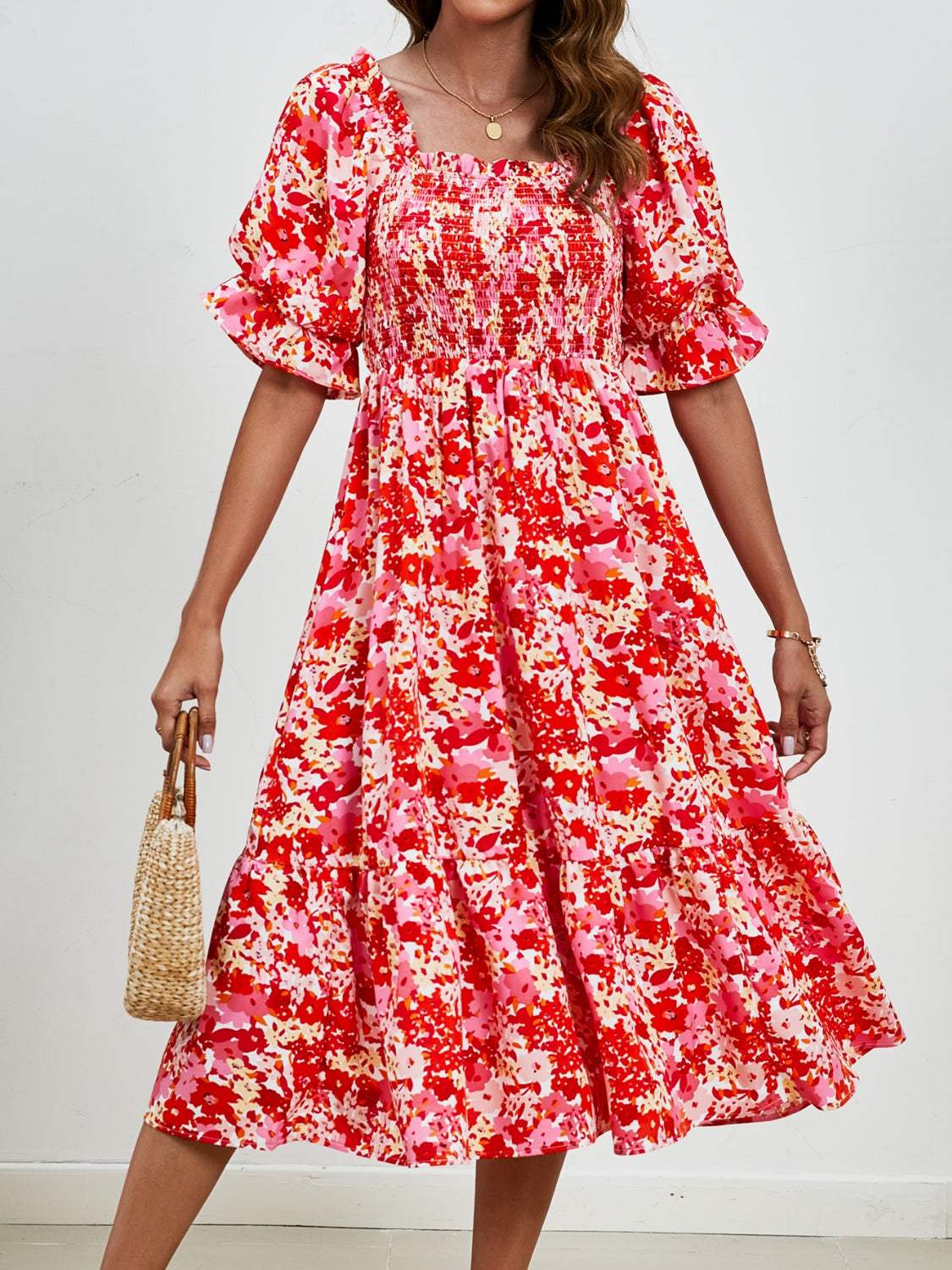 Smocked Floral Square Neck Short Sleeve Dress - Trendsi - Flyclothing LLC