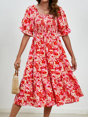 Smocked Floral Square Neck Short Sleeve Dress Trendsi