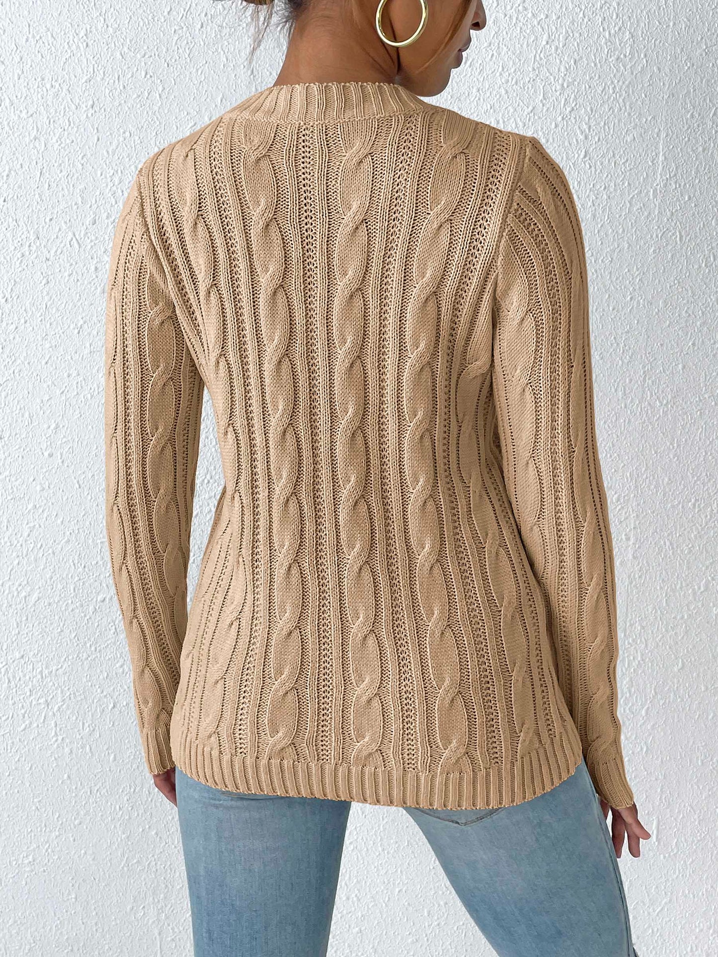 Cable-Knit Heart Round Neck Long Sleeve Sweater - Trendsi - Flyclothing LLC