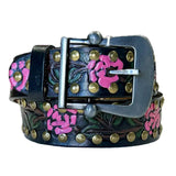 Rockmount Ranch Wear tooled rose leather belts black pink roses - Rockmount Clothing - Flyclothing LLC