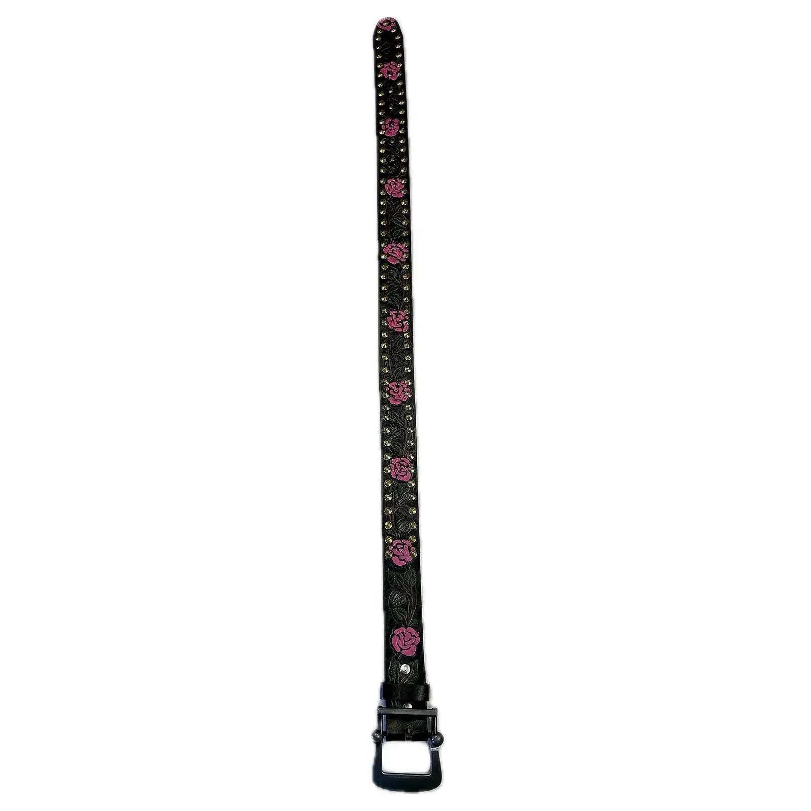 Rockmount Ranch Wear tooled rose leather belts black pink roses - Rockmount Clothing - Flyclothing LLC