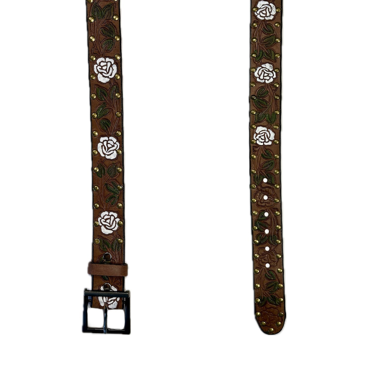 Rockmount Ranch Wear Brown Tooled Genuine Leather Western Belt with White Roses - Rockmount Clothing - Flyclothing LLC