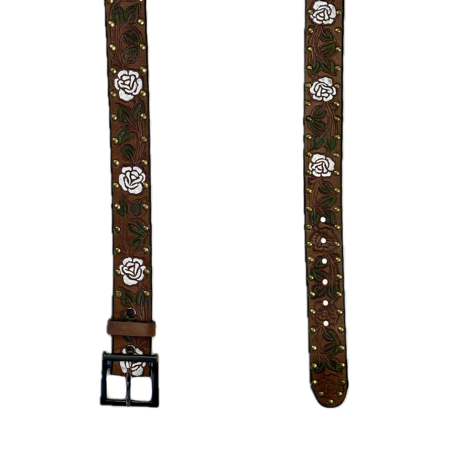 Rockmount Ranch Wear Brown Tooled Genuine Leather Western Belt with White Roses - Rockmount Clothing - Flyclothing LLC
