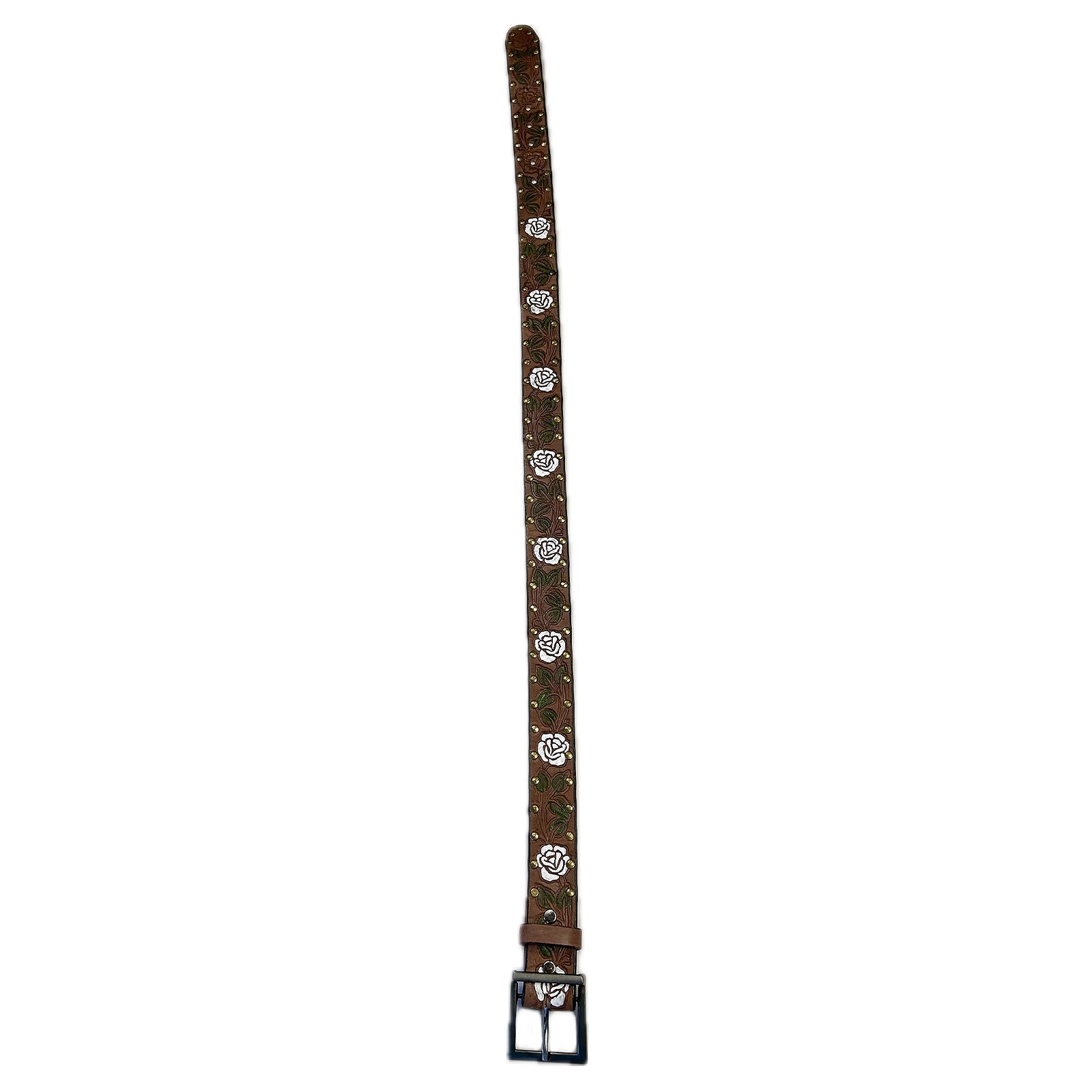 Rockmount Ranch Wear Brown Tooled Genuine Leather Western Belt with White Roses - Rockmount Clothing - Flyclothing LLC