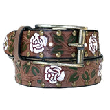Rockmount Ranch Wear Brown Tooled Genuine Leather Western Belt with White Roses - Rockmount Clothing - Flyclothing LLC