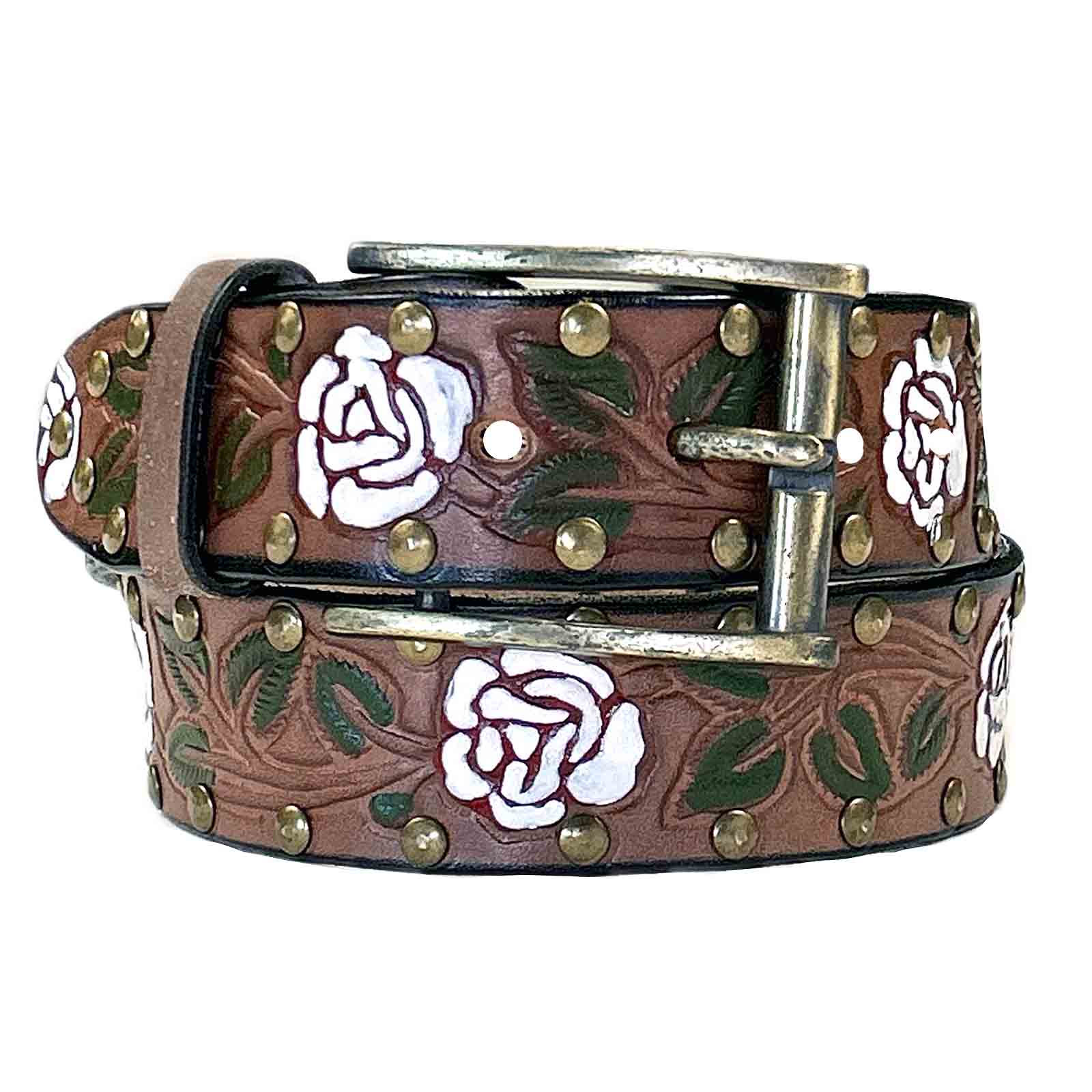 Rockmount Ranch Wear Brown Tooled Genuine Leather Western Belt with White Roses - Rockmount Clothing - Flyclothing LLC