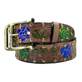 Rockmount Ranch Wear Brown Tooled Genuine Leather Western Belt with Blue Roses - Rockmount Clothing - Flyclothing LLC