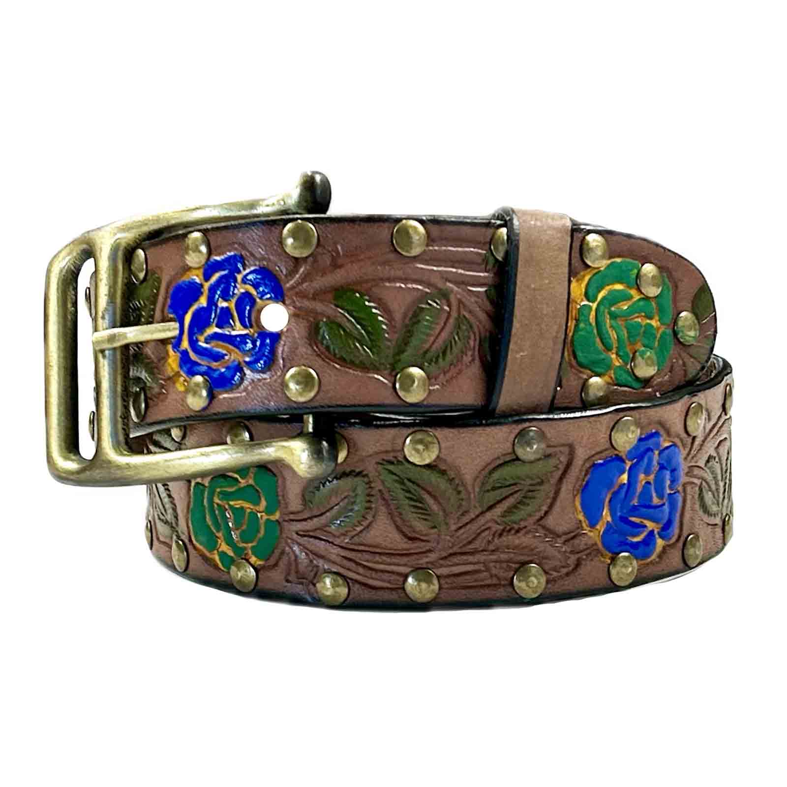 Rockmount Ranch Wear Brown Tooled Genuine Leather Western Belt with Blue Roses - Rockmount Clothing - Flyclothing LLC