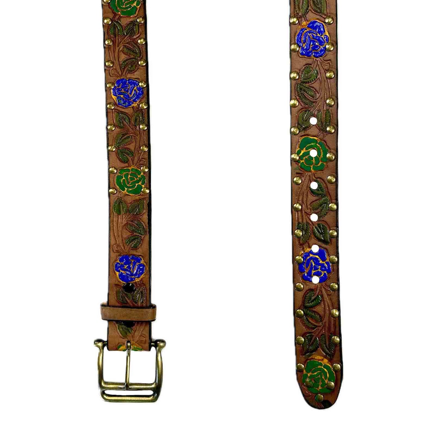 Rockmount Ranch Wear Brown Tooled Genuine Leather Western Belt with Blue Roses - Rockmount Clothing - Flyclothing LLC